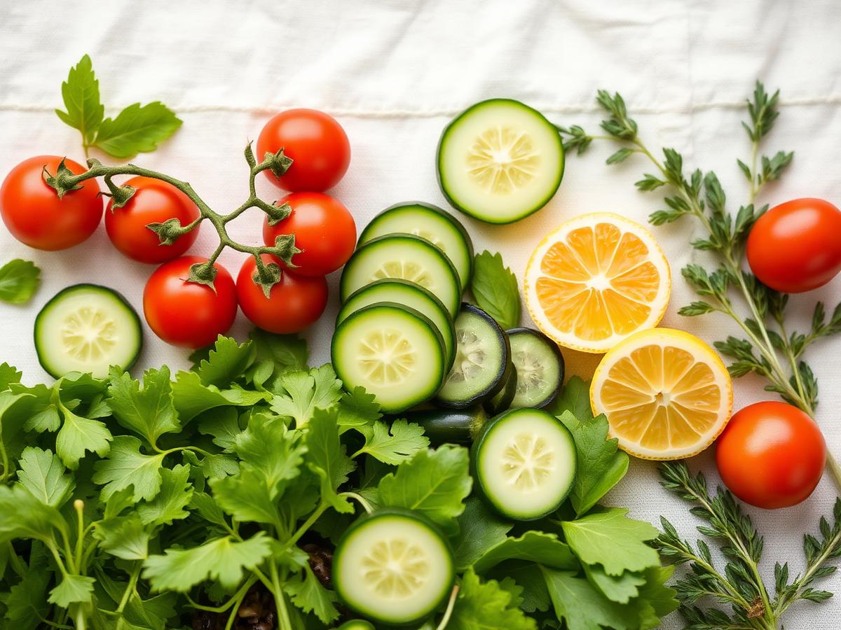 Fresh salad ingredients on linen